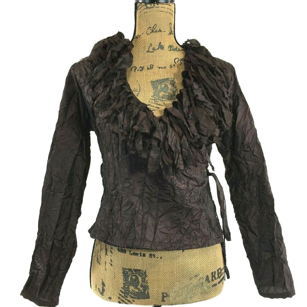 NELLI Janice Jaraicie Wrap Top SMALL Wool Bl Brown Fringe Blouse Unique Sexy